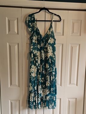 torrid Teal and White One-Shoulder Floral Tiered Dress